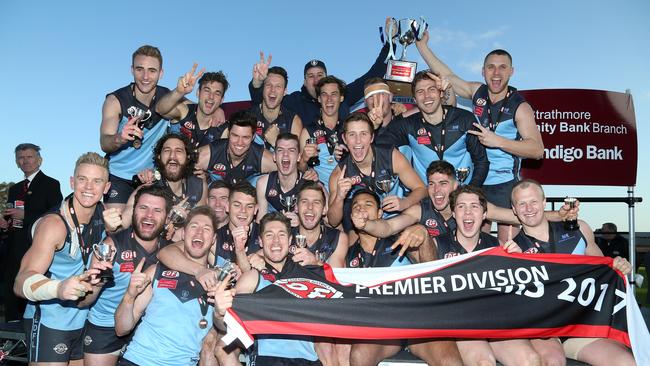 Aberfeldie players celebrate their EDFL grand final victory last year. The club is one of three that was found to have breached allowable player payments rules. Picture: Hamish Blair