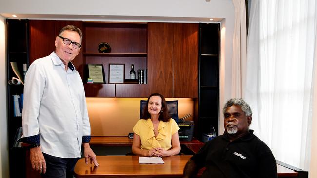 Independent MLAs Terry Mills, Robyn Lambley and Yingiya (Mark) Guyula at Parliament House earlier this year. Picture: Justin Kennedy