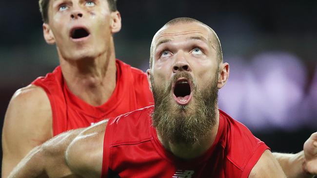 Melbourne's Max Gawn dominated the hit-outs opposed to Swan Callum Sinclair. Picture. Phil Hillyard