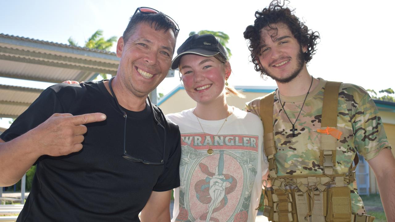 Bob Smith, of Andergrove, with Piper Sprott, of Walkerston, and Harley Gorjup-Walters, of Andergrove. This was Piper's first time giving skirmish a go. "I'm terrified," she laughed. Photo: Janessa Ekert