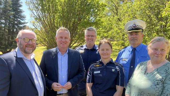 Department of Health hospitals and primary care deputy secretary Dale Webster, Premier Jeremy Rockliff, Ambulance Tasmania North-West operations director Ky Wittich, Ambulance Tasmania intergrated care manager Emily Byers, Tasmania Police Western District Commander Stuart Wilkinson and Mental Health Lived Experience Tasmania consumer representative Louise Hollingbery. Picture: Simon McGuire.