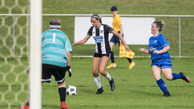 Willowburn’s Hayley Gray (centre) scored in her side’s 2-1 against Rockville Rovers in their Toowoomba Football League Premier Women round one clash. Picture: Kevin Farmer