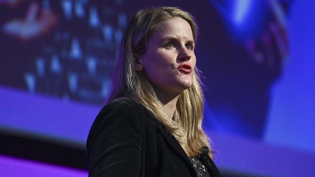 Facebook whistleblower Frances Haugen delivers a keynote address to the Australian Cyber Conference at the National Convention Centre in Canberra in Canberra. Picture: NCA NewsWire / Martin Ollman