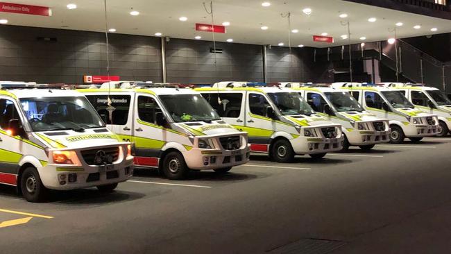 Ambulances lined up at the Gold Coast University Hospital.