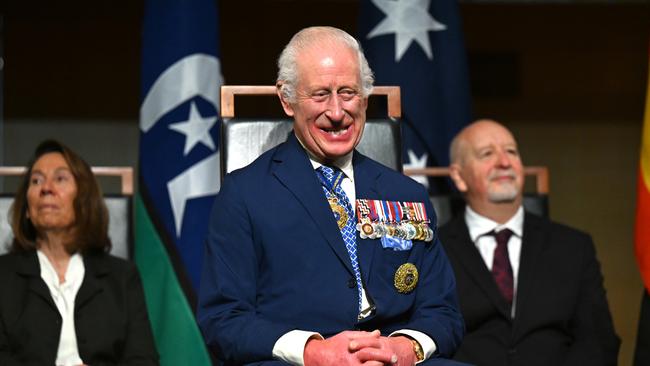 King Charles III attends a Parliamentary reception hosted by Prime Minister of Australia Anthony Albanese and Jodie Haydon on October 21, 2024 in Canberra, Australia. Picture: Lukas Coch-Pool/Getty Images