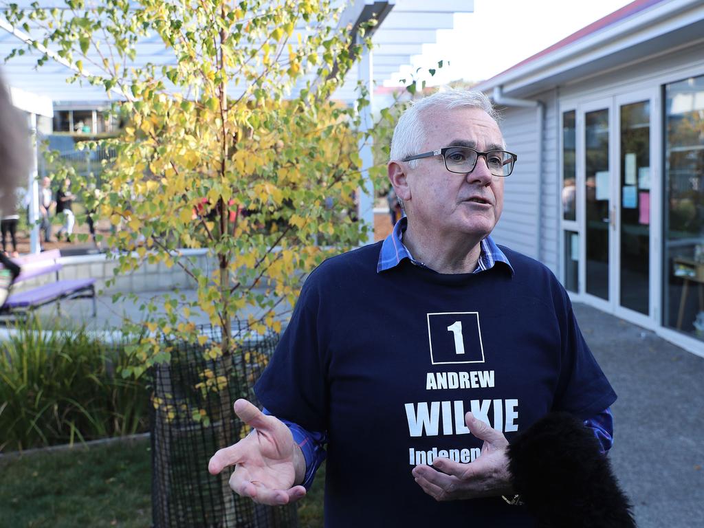 Independent member for Clark, Andrew Wilkie at the polling booth at Glenorchy Primary School. Picture: LUKE BOWDEN