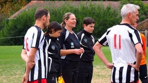 Frieda Maher (centre) is a referee with the Canterbury District Soccer Football Association. Picture: Leichhardt Saints FC