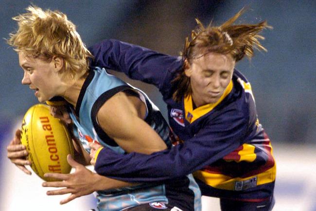 Basketballer Erin Phillips (l) during celebrity women’s Showdown football match at AAMI Stadium in 2004.