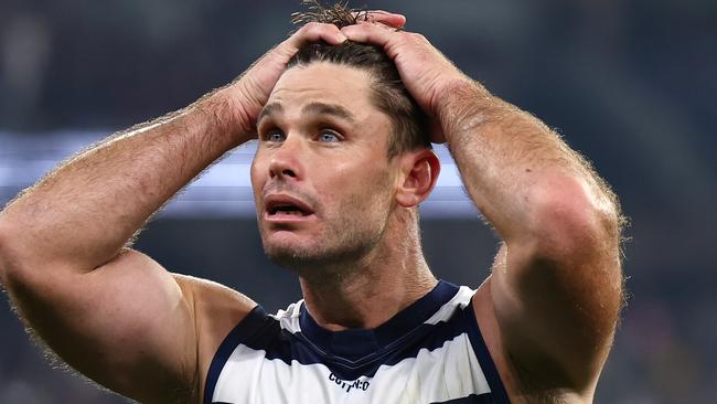 Geelong star Tom Hawkins has been goalless in his last four games, for the first time in his 18-year career. Picture: Quinn Rooney / Getty Images