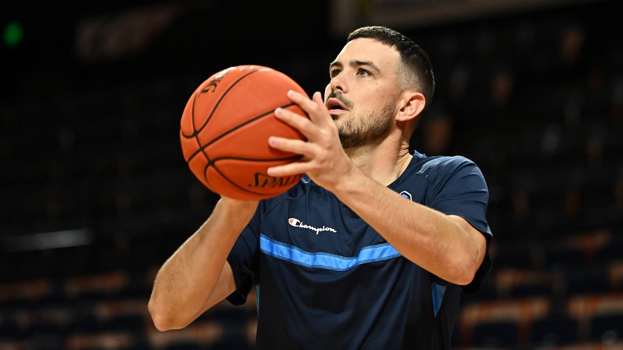 Chris Goulding of United warming up prior to the round 13 NBL match between Cairns Taipans and Melbourne United . Picture: Emily Barker/Getty Images.