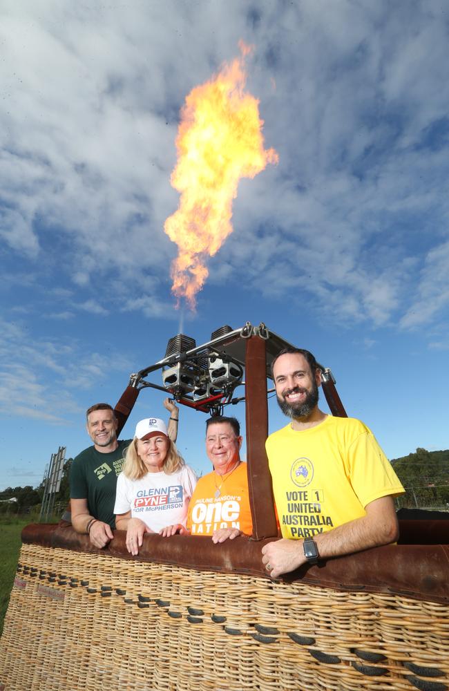 Andy Cullen, Megan Pyne, Kevin Hargraves and Josh Berrigan in the basket of the balloon. Picture: Richard Gosling.