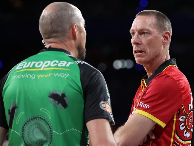 Wilcats coach John Rillie speaks to a referee. Picture: Paul Kane/Getty Images