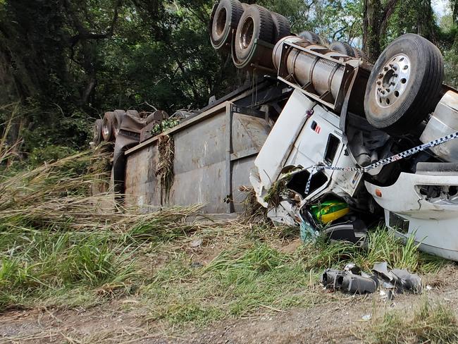 A man in his 30s was lucky to escape serious injury when the truck he was driving rolled on Mount Larcom Road at Yarwun. Picture: Rodney Stevens