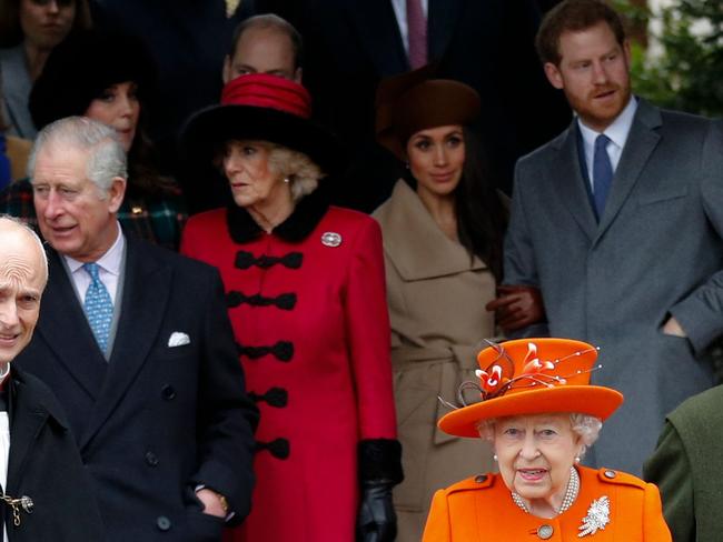 Britain's Prince Charles, Camilla, Duchess of Cornwall, Meghan Markle, Queen Elizabeth II and Prince Harry at a Christmas Day church service. Picture: AFP/Adrian Dennis