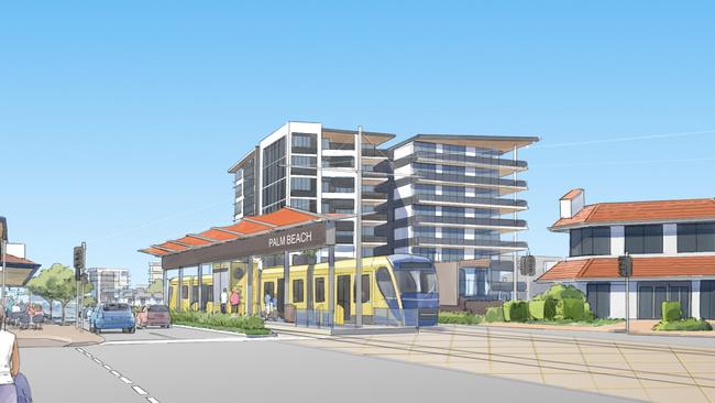 Artist impressions of Gold Coast light rail in central Palm Beach. Picture: Supplied