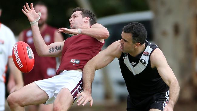 New Labor leader Peter Malinauskas (right) playing amateur football for Adelaide University against Prince Alfred Old Collegians in 2016. Malinauskas also lined up for the Blacks’ C6 team, “the Scum”, against PAOC on Saturday. Picture: Calum Robertson.