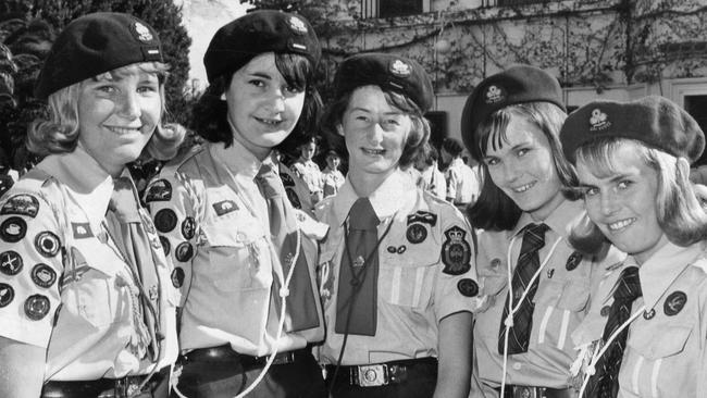 Girl Guides Christine Kirby and Wendy Merrett of Bordertown, Janet Willshire of Millicent, and twins Janette and Michele Loughrey of Broken Hill, 1966.