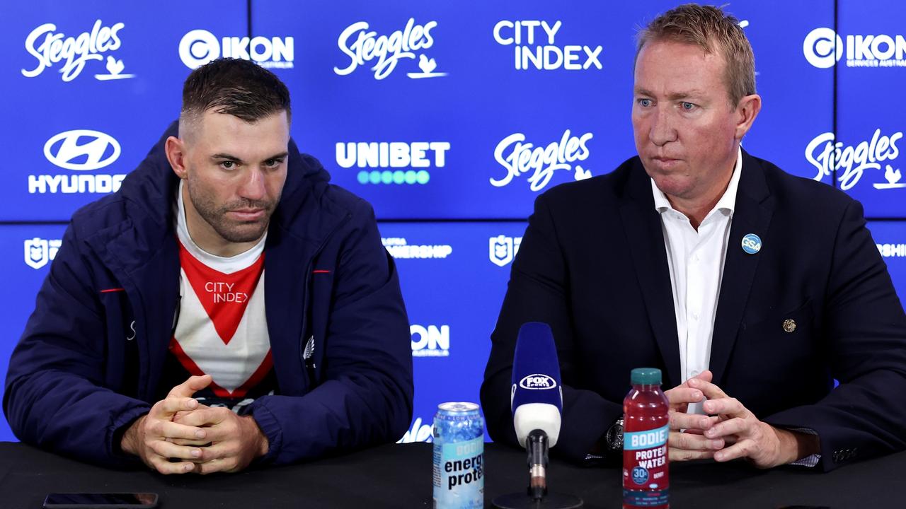 SYDNEY, AUSTRALIA – JUNE 30: Roosters coach Trent Robinson and James Tedesco of the Roosters speak to the media following the round 17 NRL match between Sydney Roosters and Wests Tigers at Allianz Stadium, on June 30, 2024, in Sydney, Australia. (Photo by Brendon Thorne/Getty Images)