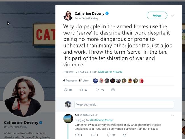 People were no doubt offended by Deveny’s tweets about our defence force personnel. That doesn’t mean she should be physically threatened.