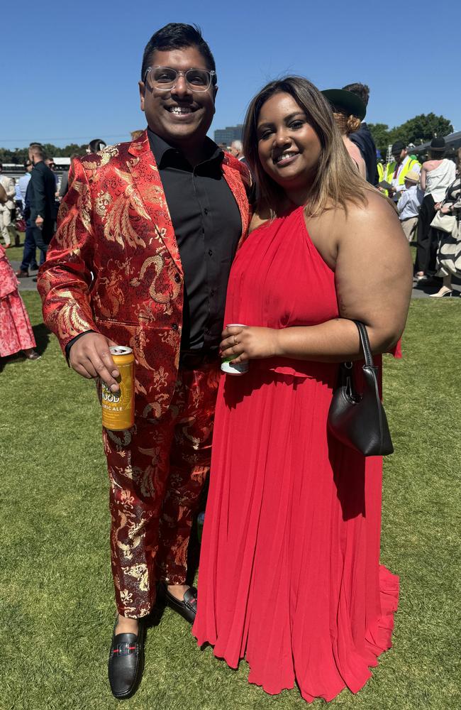 Mitesh Patel and Kimberly Prasad at the Melbourne Cup at Flemington Racecourse on November 5, 2024. Picture: Phillippa Butt