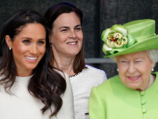 WIDNES, UNITED KINGDOM - JUNE 14: (EMBARGOED FOR PUBLICATION IN UK NEWSPAPERS UNTIL 24 HOURS AFTER CREATE DATE AND TIME) Meghan, Duchess of Sussex and Queen Elizabeth II (accompanied by Samantha Cohen) attend a ceremony to open the new Mersey Gateway Bridge on June 14, 2018 in Widnes, England. Meghan Markle married Prince Harry last month to become The Duchess of Sussex and this is her first engagement with the Queen. During the visit the pair will open a road bridge in Widnes and visit The Storyhouse and Town Hall in Chester. (Photo by Max Mumby/Indigo/Getty Images)