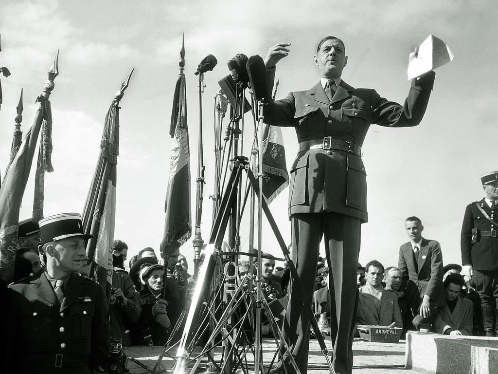 French politician General Charles de Gaulle during ceremony in Bruneval, France, in March 1947, dedicating a monument to Allied and French forces who attacked a German radar station there during World War II.