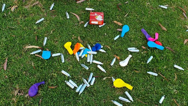 Bags of empty nitrous oxide canisters at the Western Youth Centre Oval on Marion Rd on October 26, 2019. Picture: Supplied.