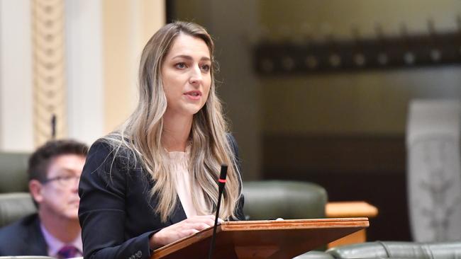 Currumbin MP Laura Gerber is seen delivering her maiden speech at Queensland Parliament House in Brisbane. Picture: AAP.