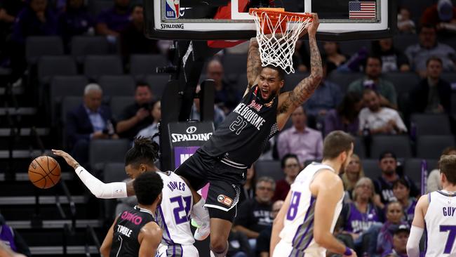 Melbourne United star Shawn Long brings the hammer down on Sacramento. Picture: Getty Images