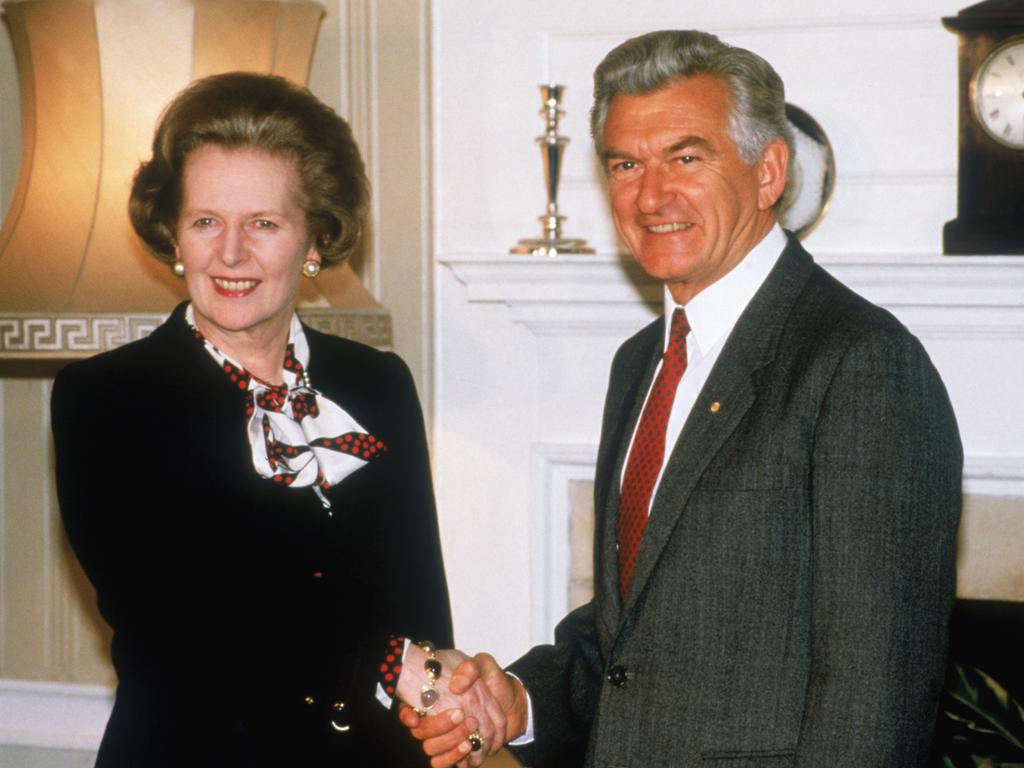 Former Australian prime minister Bob Hawke with British prime minister Margaret Thatcher at 10 Downing Street, London, in 1986. Picture: Fox Photos/Hulton Archive/Getty Images