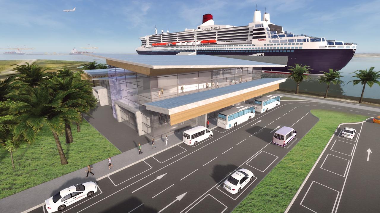 An artist’s impression of the cruise terminal which is capable of hosting the world's biggest ocean liners. It was supposed to open on October 3 but there is now now no opening date because of coronavirus. Picture: Supplied