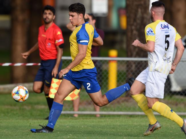 Broadbeach United’s Liam Collins in action against North Star on Saturday. Picture: Steve Holland