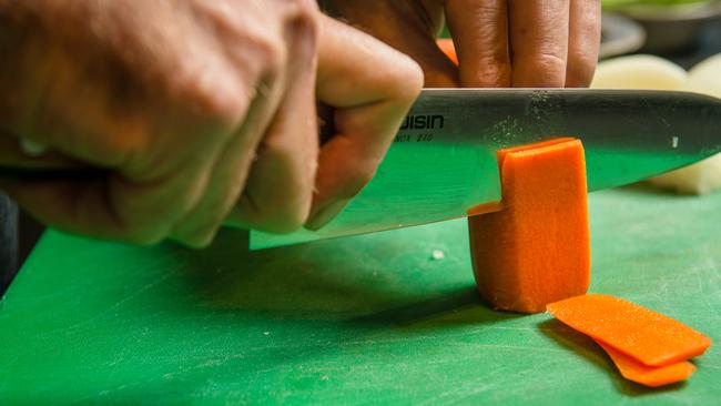 Cut carrot into rectanges, slice, matchstick, then dice.