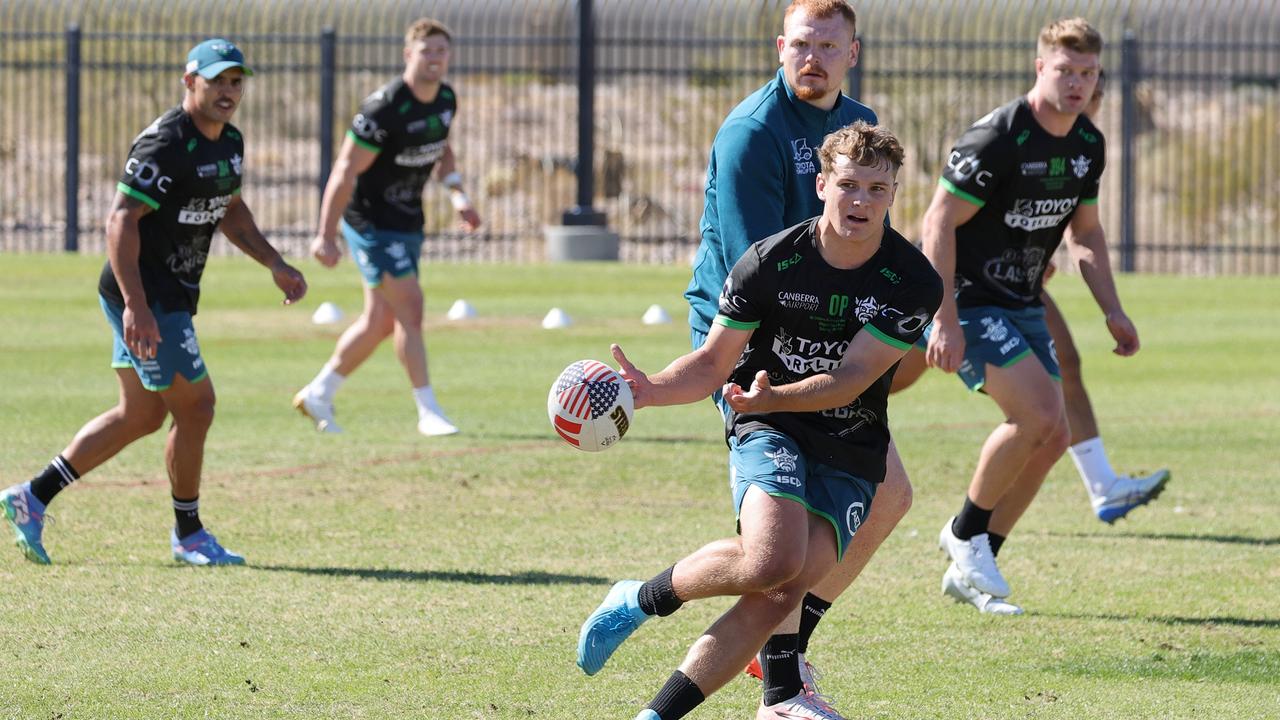 Owen Pattie at a training session with the Canberra Raiders in Las Vegas. (Photo by Ethan Miller/Getty Images)