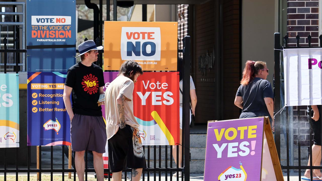 Members of the public at St Frances Xavier school in Goodna where they voted in the Referendum on the Voice. Picture: Tertius Pickard