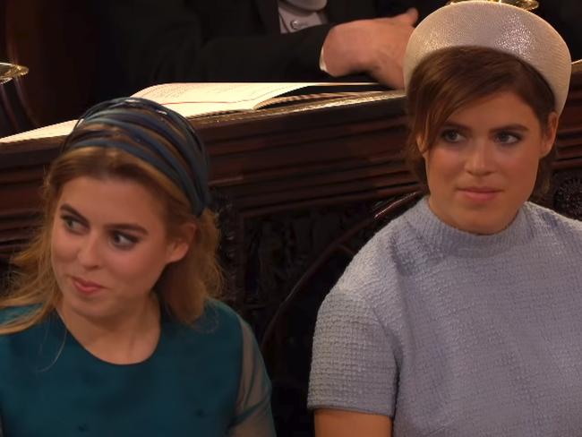 Princess Beatrice and Princess Eugenie at Prince Harry and Meghan Markle’s wedding. Picture: BBC