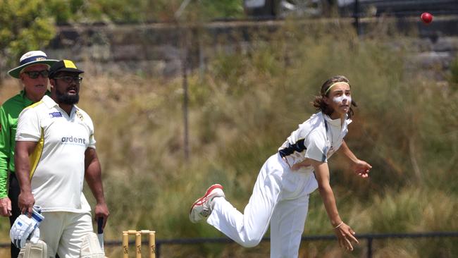 MPCA District: Seaford v Carrum: Billy Thomson  of Carrum bowling on Saturday, December 3, 2022 in Seaford, Victoria, Australia.Picture: Hamish Blair