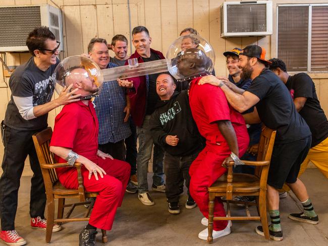 Johnny Knoxville, Ehren McGhehey, Preston Lacy, Sean "Poopies" McInerny, Steve-O, Dave England, Wee Man, Dark Shark, Chris Pontius, Jasper and Nick Merlino in Jackass Forever from Paramount Pictures and MTV Entertainment Studios. Picture: Supplied