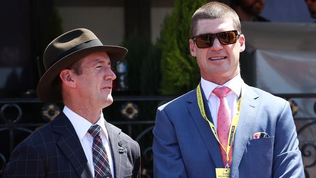 Ex Brisbane star Jonathan Brown talks with trainer Ciaron Maher. Picture: Michael Klein