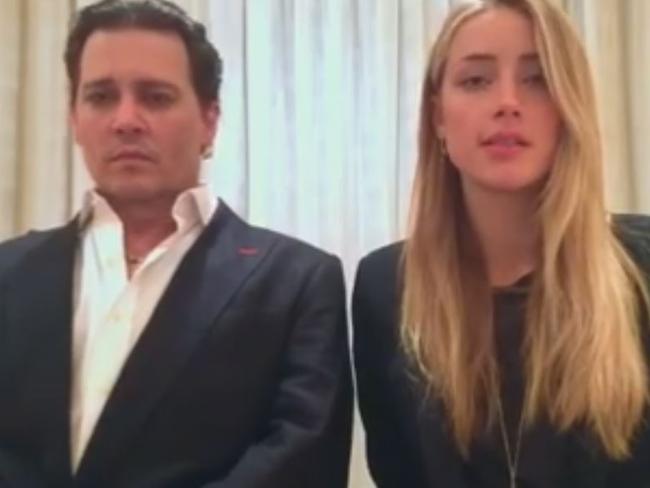 Johnny Depp and Amber Heardfilmed a bizarre apology video to Australia, after illegally bringing their dogs into the country. Picture: Supplied.
