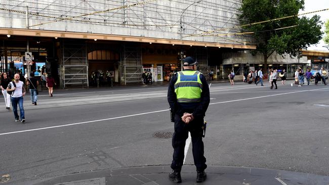 Police on patrol at Flinders St and Elizabeth St in Melbourne. Picture: Nicole Garmston