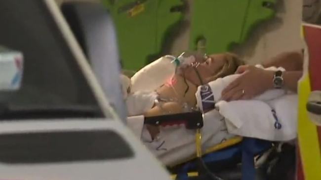 Jamie Kah arrives at Royal Melbourne Hospital after her fall. Picture: Channel 9