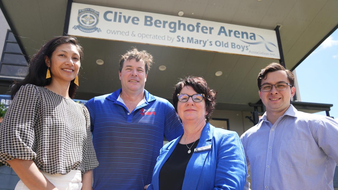 Excited for the expansion of the Clive Berghofer Arena along Herries Street are (from left) Squash Queensland CEO Shantel Netzler, Toowoomba Basketball Association president Jamie Biggar, St Mary's College deputy principal Samantha Parle and St Mary's Old Boys representative Jeremy Cotter.