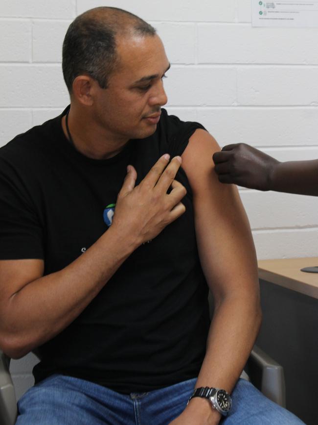 Thomas Mayor gets his second AstraZeneca Covid-19 vaccine at Danila Dilba on Monday. Picture: Jason Walls