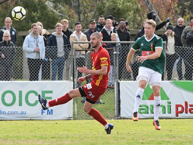 Samuel Mason-Smith unleashes the goal which sunk Preston Lions’ title hopes. Picture: Stephen Harman