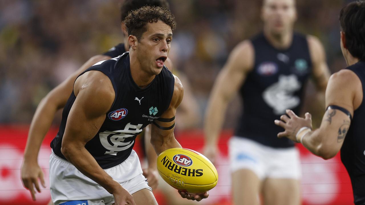 Ed Curnow was sent to Dion Prestia in the final quarter to great effect, limiting the clearance king to one disposal after scoring 22 in the final break.Photo: Daniel Pocket/Getty Images