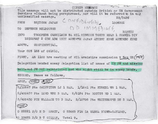 Britcom cable to Defence Melbourne. It reads, '... UN Delegation handed enemy Delegation list of names of UN PW and missing believed PW NOT repatriated and who might still be in enemy hands ...' Don Armit is among the names listed.