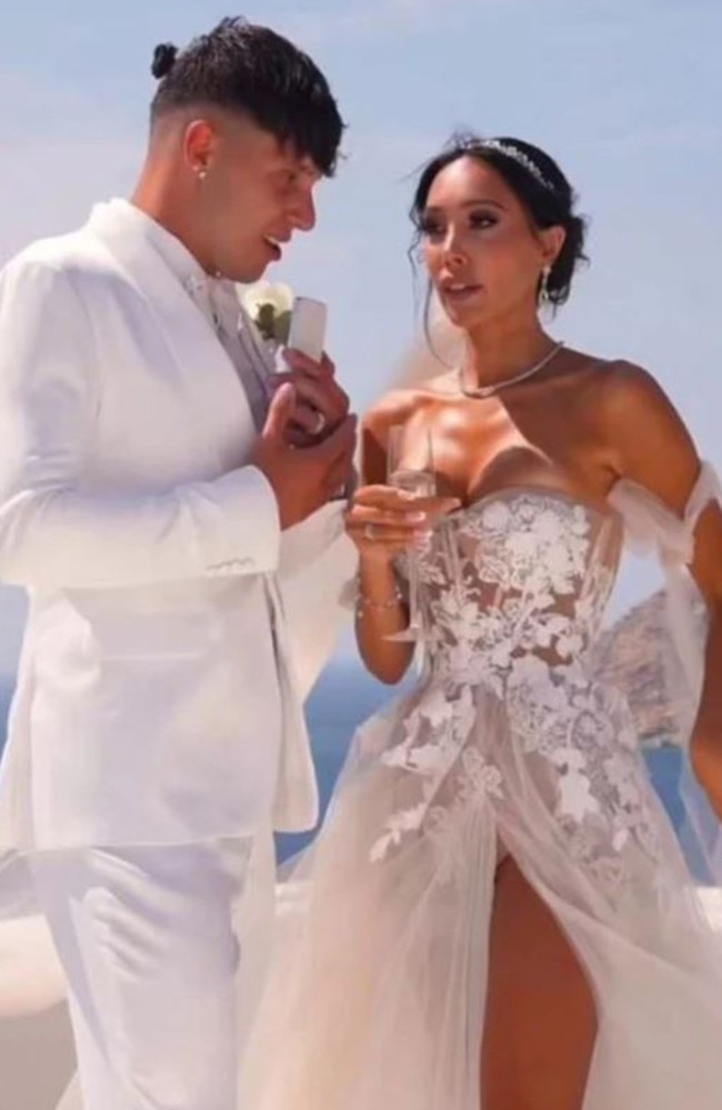 Scarlet Vas, a former Neighbours star who married her stepbrother, flashed her undies at her wedding in Greece last year. Picture: TikTok/ScarletVas