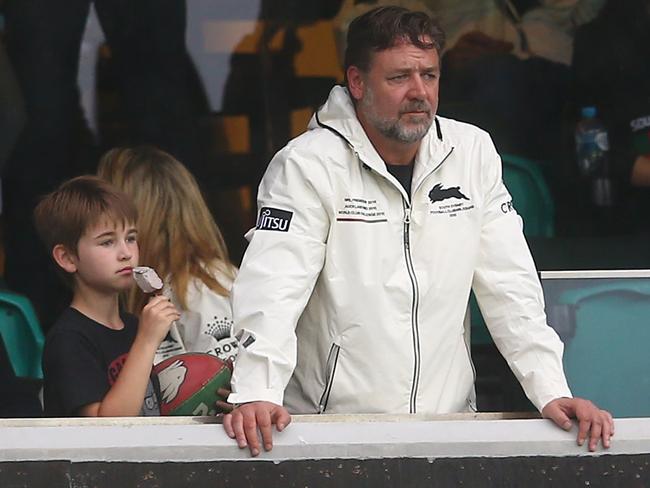 Rabbitohs owner Russell Crowe watches his side take on the Dragons.