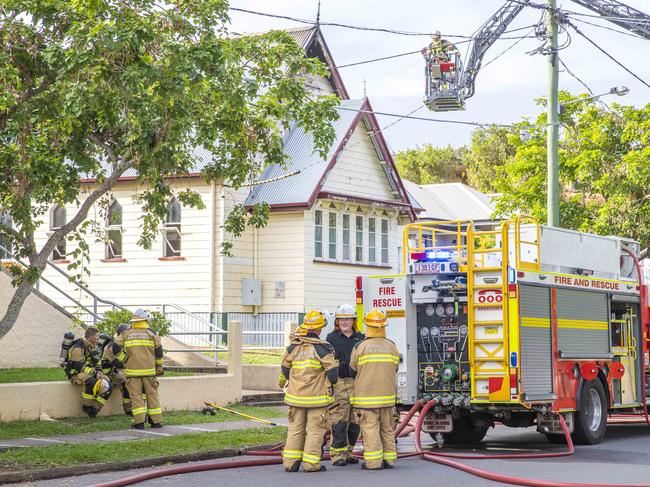 Nine Queensland Fire and Emergency Services crews battled the blaze. Picture: Richard Walker